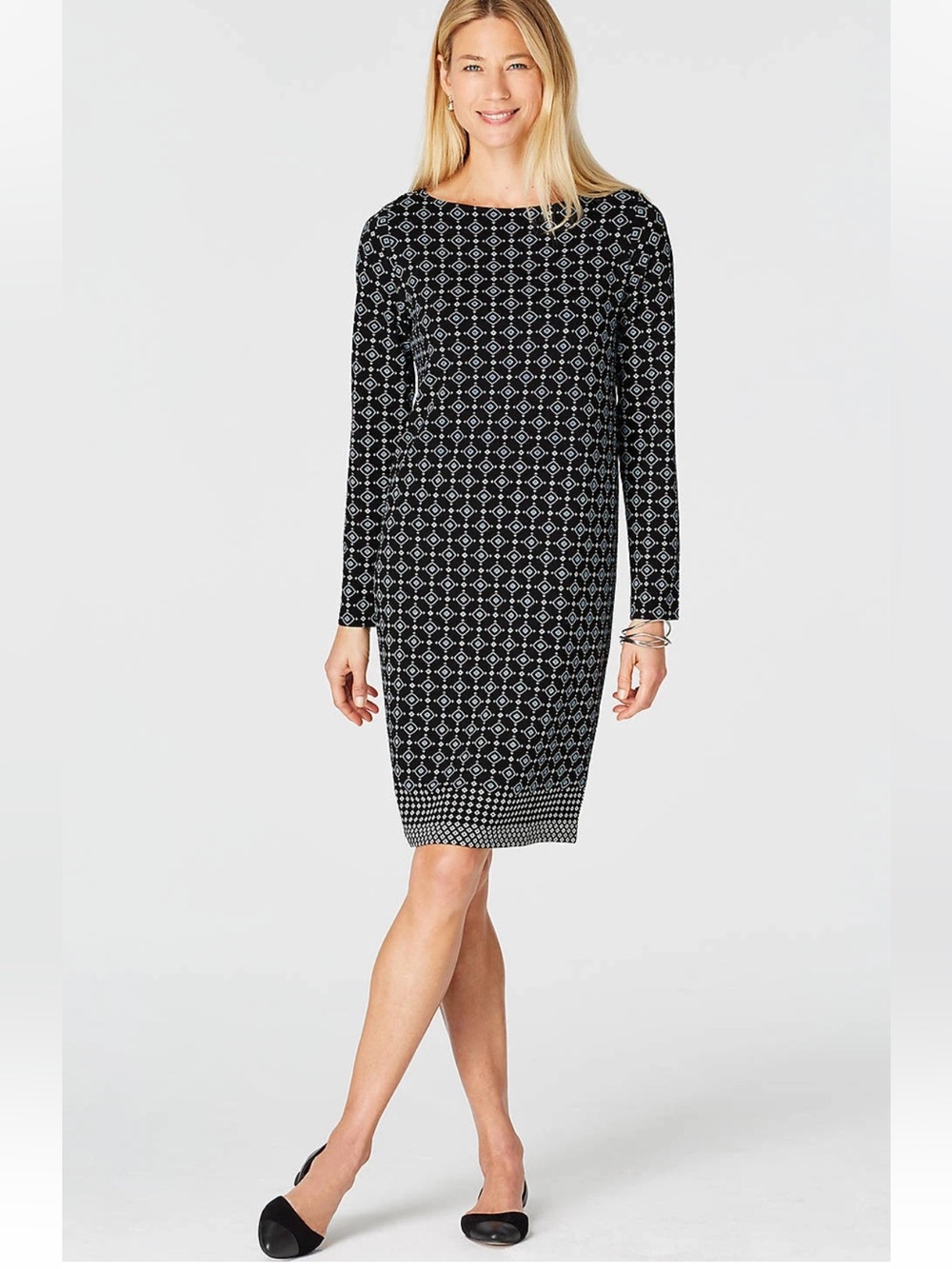 J Jill Wearever Black Linear Diamonds Knit Dress Large Long Sleeves Knee Length
